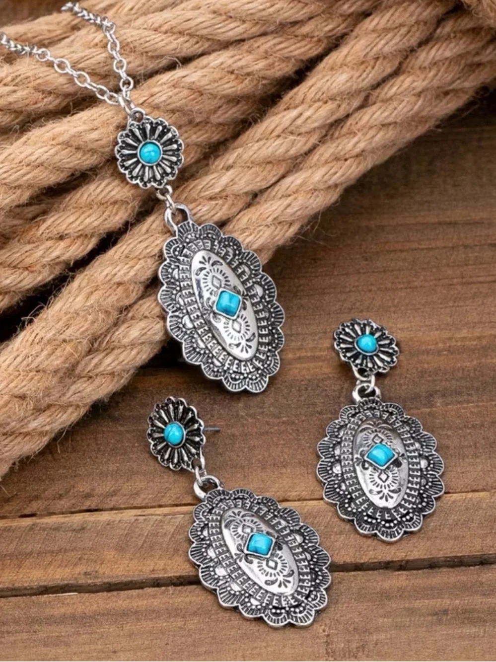 Western Set Turquoise Accent Silver-Tone Pendant Necklace & Earrings Set